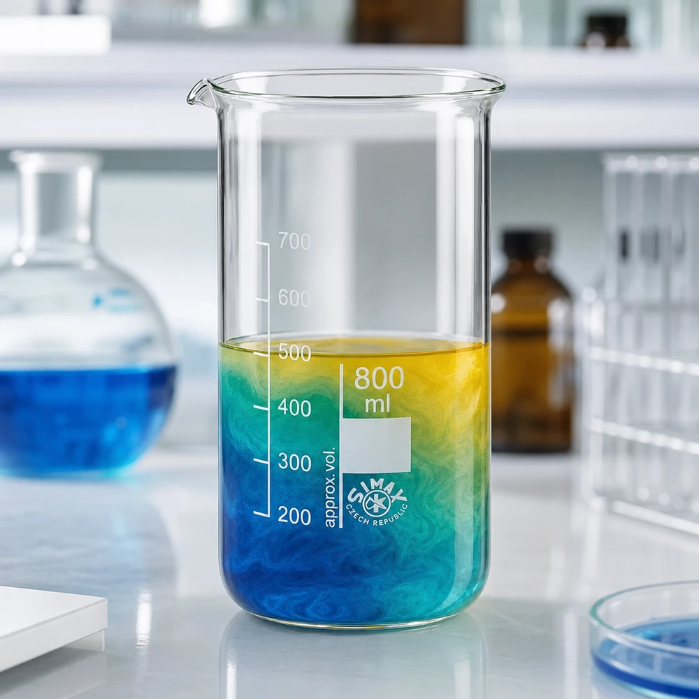 Bekerglas 800 ml van hittebestendig borosilicaatglas (hoog model) SIMAX bekerglas 800 ml, hoog model, met blauwe en gele vloeistoflagen in het reageerbuislaboratorium