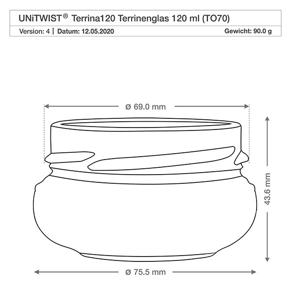 UNiTWIST Terrina120 terrine glas 120ml TO70 met technische tekening en afmetingen 69mm diameter 43,6mm hoogte