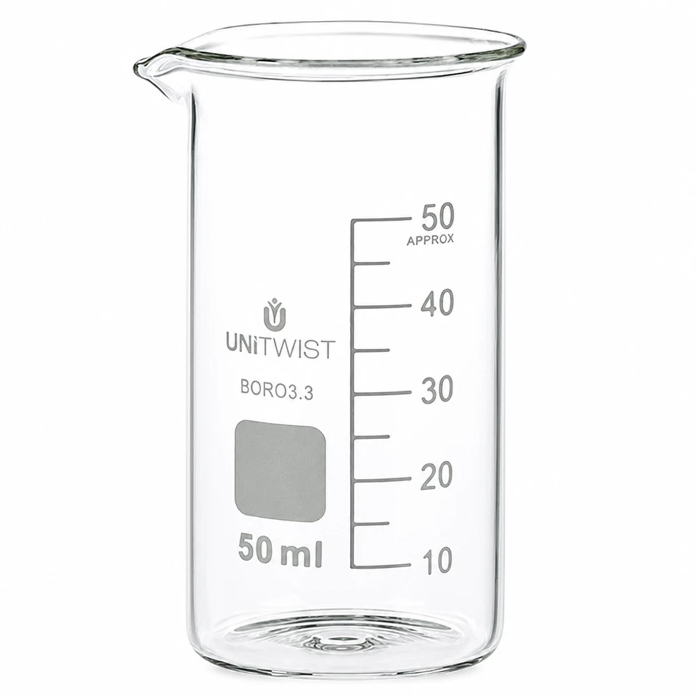 Beker 50ml borosilicaat, hoge vorm UNITWIST UNITWIST maatbeker van 50 ml, gemaakt van hittebestendig borosilicaatglas, met schrijfveld