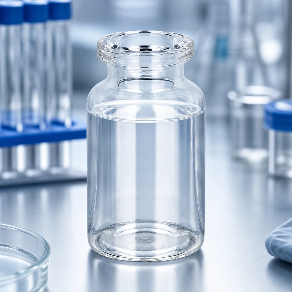 Injectiefles helder glas 10ml Injektionsflasche Klarglas 10ml im GMP-Labor neben Zentrifugenröhrchen und Petrischalen