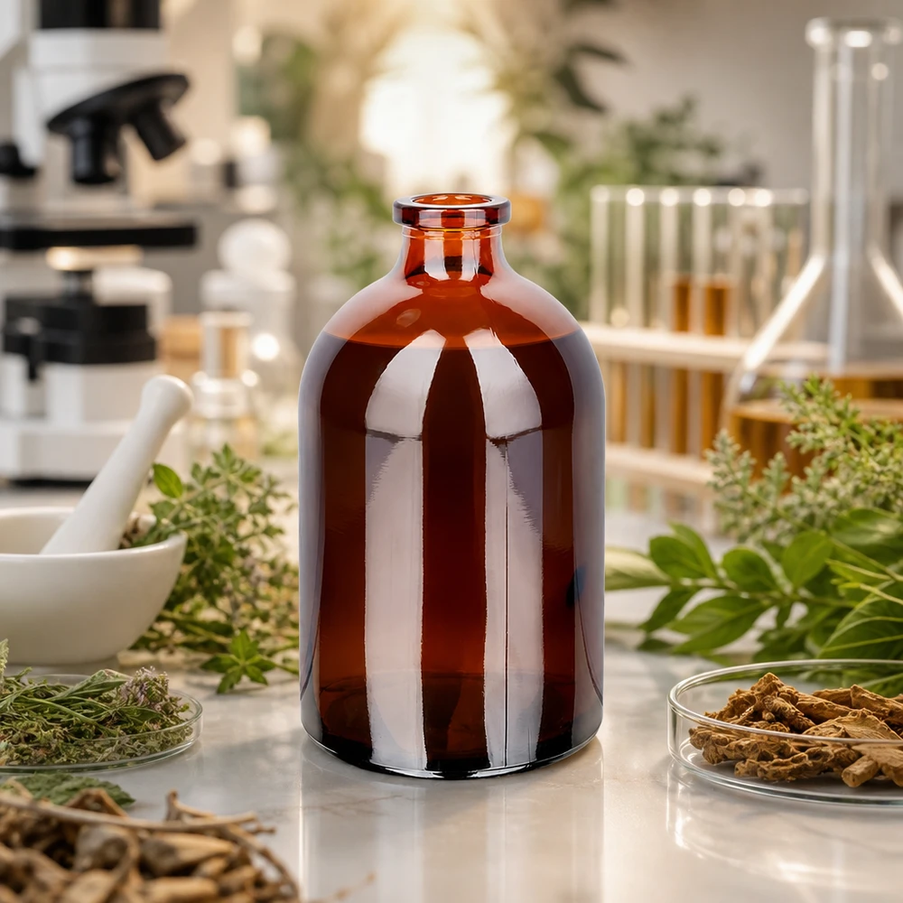 Injectiefles bruin glas 100ml Injektionsflasche Braunglas 100ml mit schmalem Rollrandhals umgeben von botanischen Laborproben