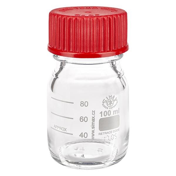 100 ml laboratoriumfles met schroefdraad + rood dop + ring