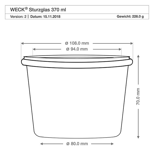 WECK beker 370ml RR100 technische tekening afmetingen afmetingen 108mm diameter 70mm hoogte productspecificatie