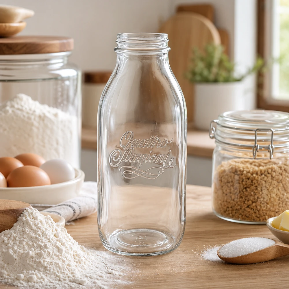 1000 ml fles met wijde hals "Quattro Stagioni" 1000 ml glazen Quattro Stagioni breedmondfles in een rustieke keuken met kookingrediënten en voorraadpotten