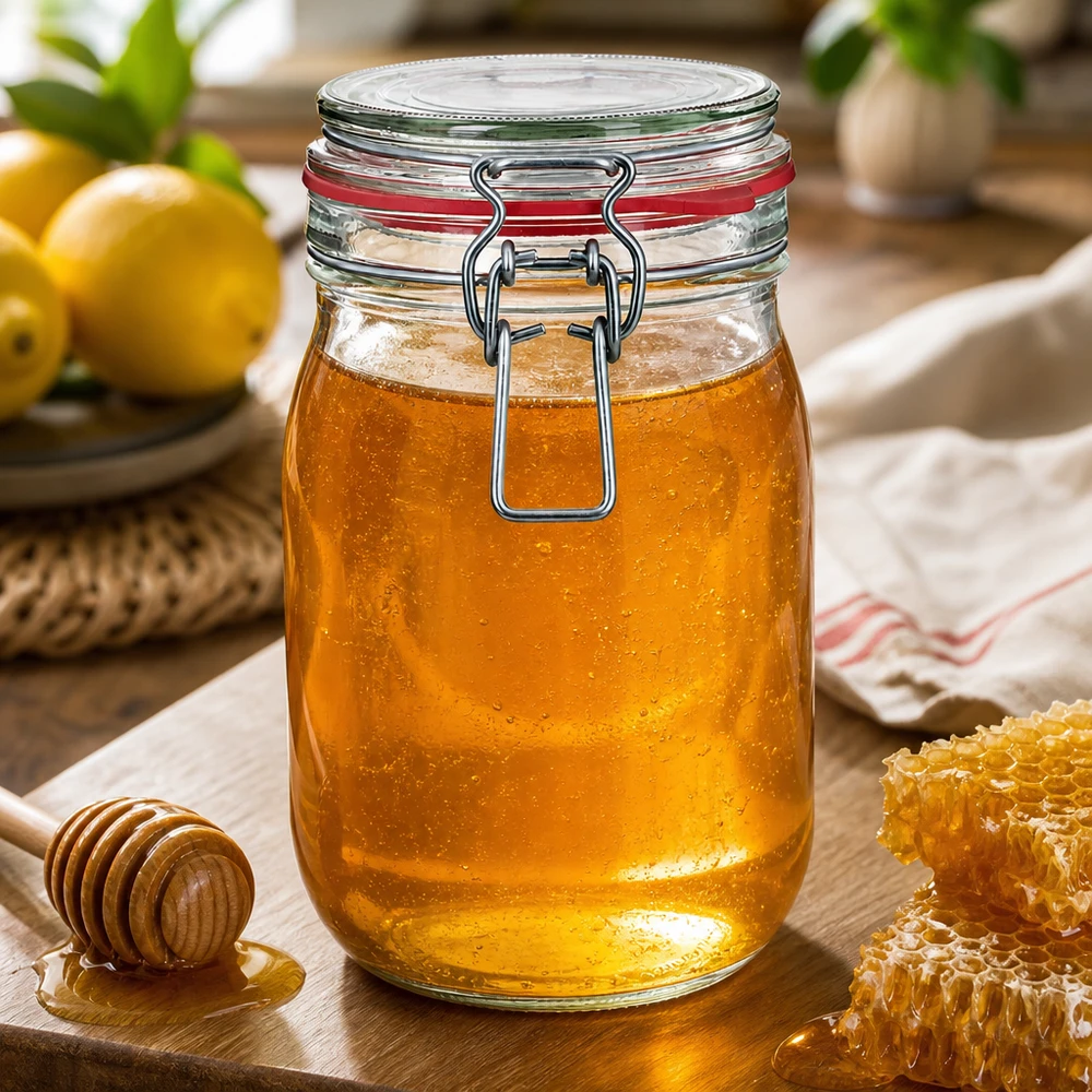 1140 ml voorraadpot type G met beugelsluiting UN.. 1140 ml voorraadpot met draaidop van hoogwaardig glas voor honing en jam