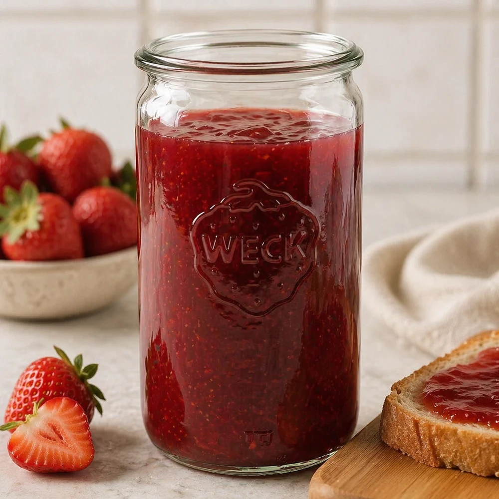 WECK RR60 glazen cilinderpot van 340 ml WECK 340 ml cilindervormige pot RR60 gevuld met aardbeienjam toont praktisch gebruik als inmaakpot in de keuken