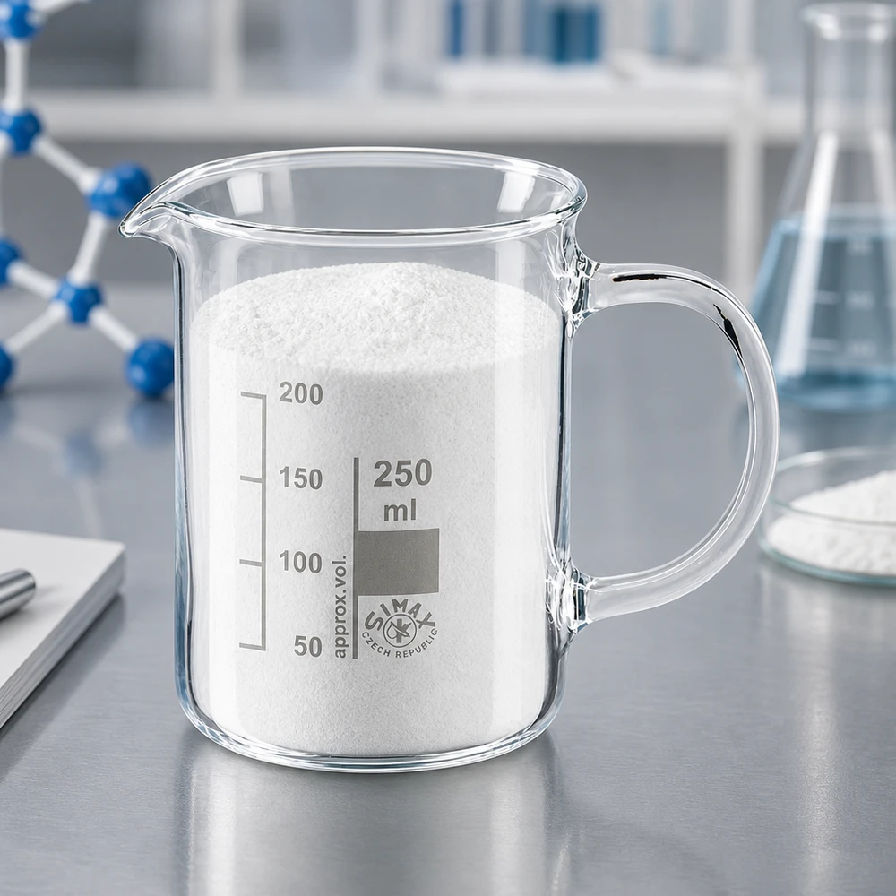 Bekerglas 250 ml van hittebestendig borosilicaatglas met handvat Maatbeker van borosilicaatglas, 250 ml, met handvat en witte vaste stof in het wetenschappelijk laboratorium
