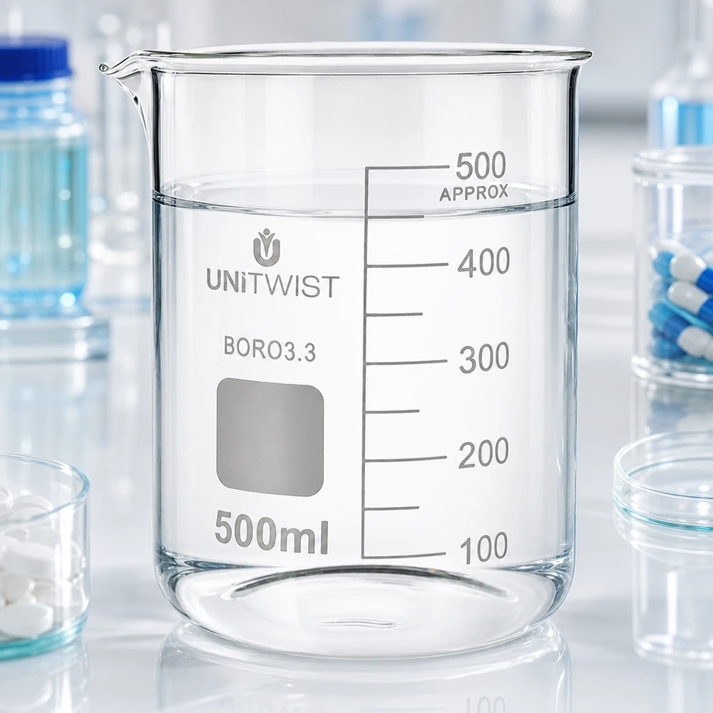 Hittebestendige bekerglas 500 ml, lage vorm, UNiTWIST BORO3.3, met schaalverdeling van 100 ml