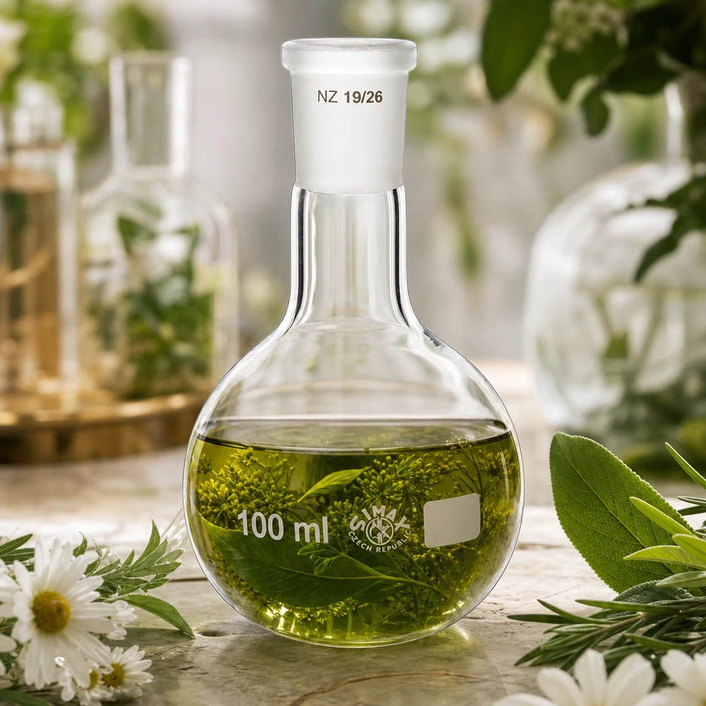 Platbodem kolf 100ml nauwe hals borosilicaat met slijpstuk 19/26 Kruidenmaceraat in een rondbodemkolf van 100 ml - dikwandig borosilicaatglas voor wetenschappelijke toepassingen