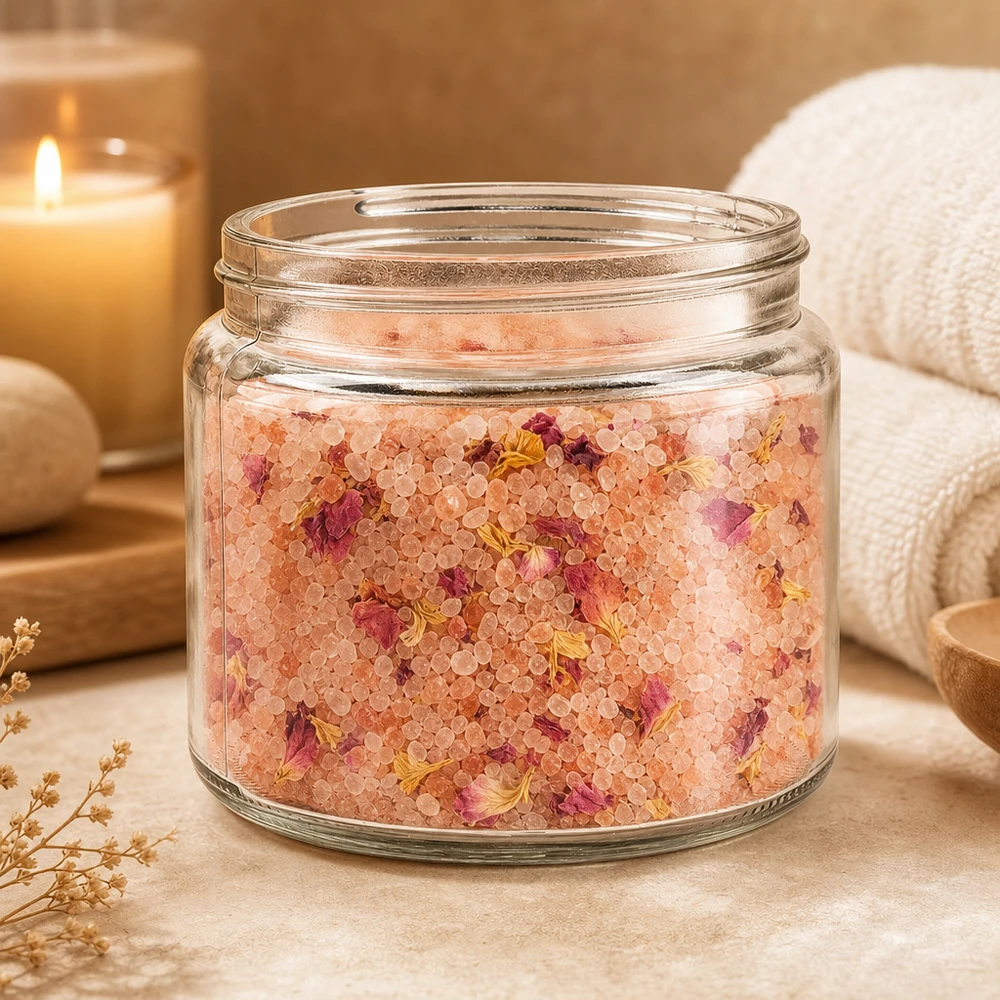 Glazen pot 250ml helder glas, zonder sluiting Glazen pot 250ml gedecoreerd in een natuurlijke spa setting met badzout bloemen kaarsen en handdoek