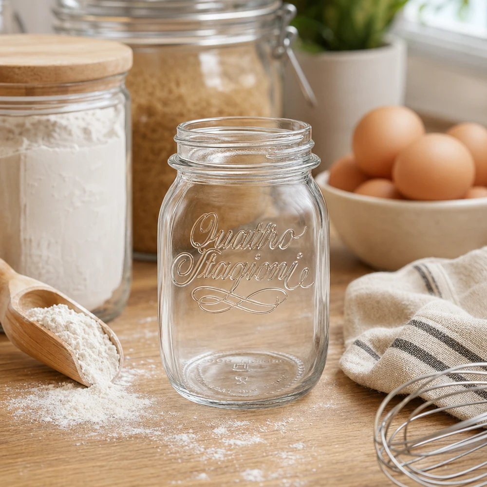 500ml huishoudglas "Quattro Stagioni" 500ml Quattro Stagioni huishoudglas op een houten tafel met keukengerei, eieren en bloem op de achtergrond