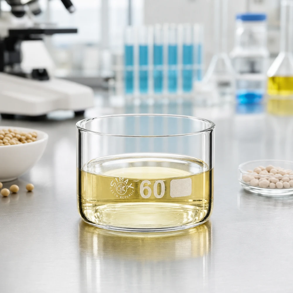 Scheikundelaboratorium: kristallisatieschaal van 60 ml met plantenextract en witte korrels ernaast