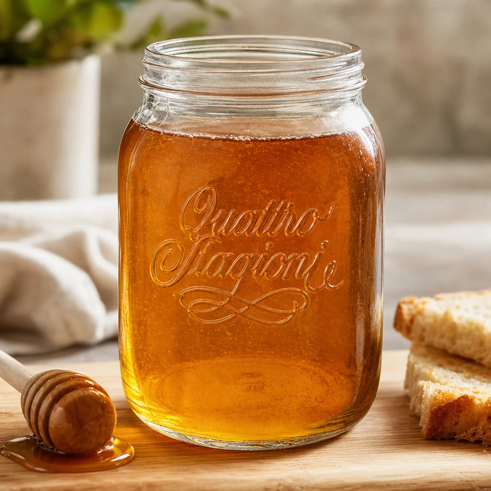 2000ml huishoudglas "Quattro Stagioni" Quattro Stagioni huishoudpot 2000ml gevuld met honing op een houten plank met honinglepel en honingraat