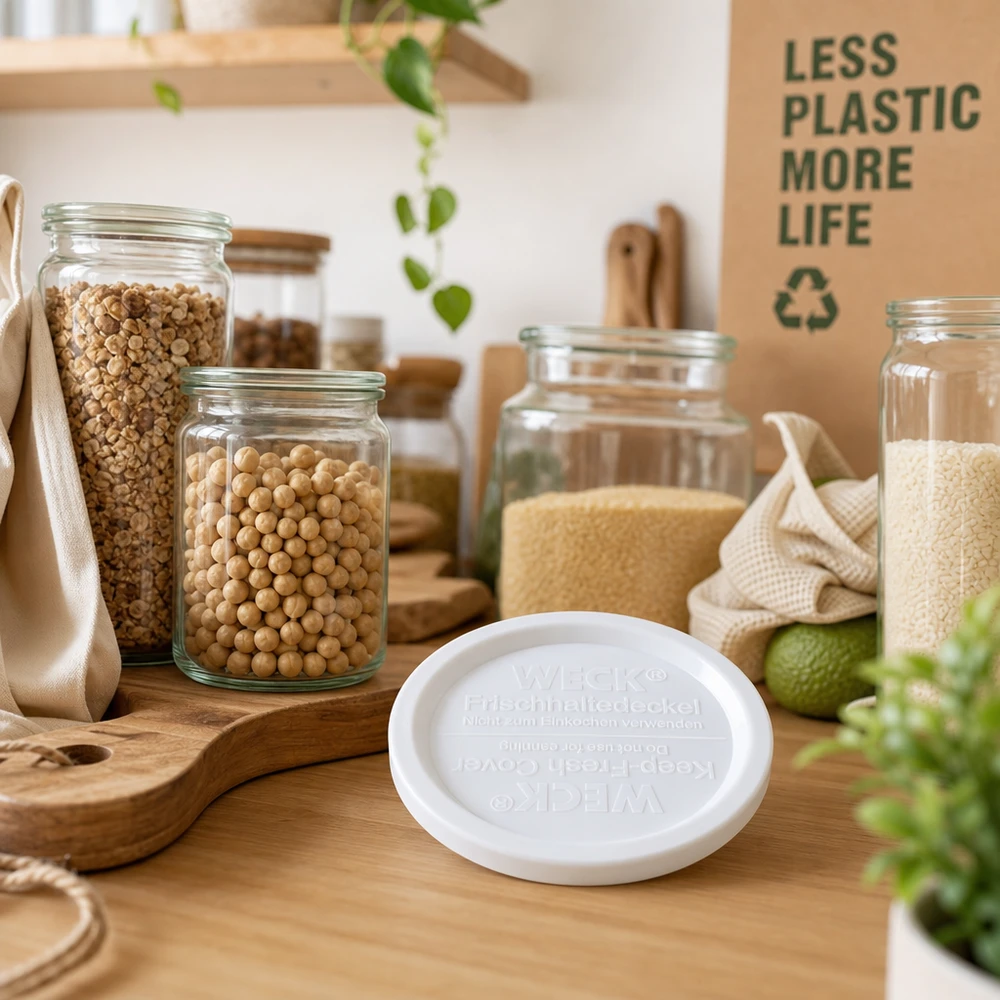 WECK REX keep-fresh deksel RR120 wit in duurzame zero-waste keuken met voorraadpotten en houten keukengerei