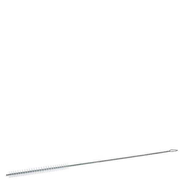 Reinigingsborstel rond maat L met oogje ⌀8mm. Ideaal voor het schoonmaken van pipetten en trechters. Gemaakt van nylon haren. 27cm totale lengte.