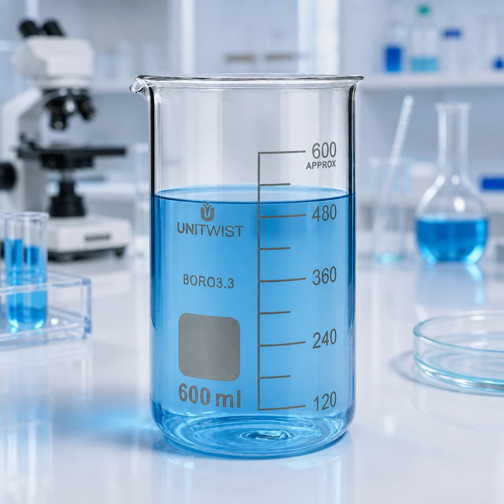 Beker 600ml borosilicaat, hoge vorm UNITWIST Laboratoriumbeker van 600 ml, hoog model met schaalverdeling van 120 tot 600 ml, van borosilicaatglas