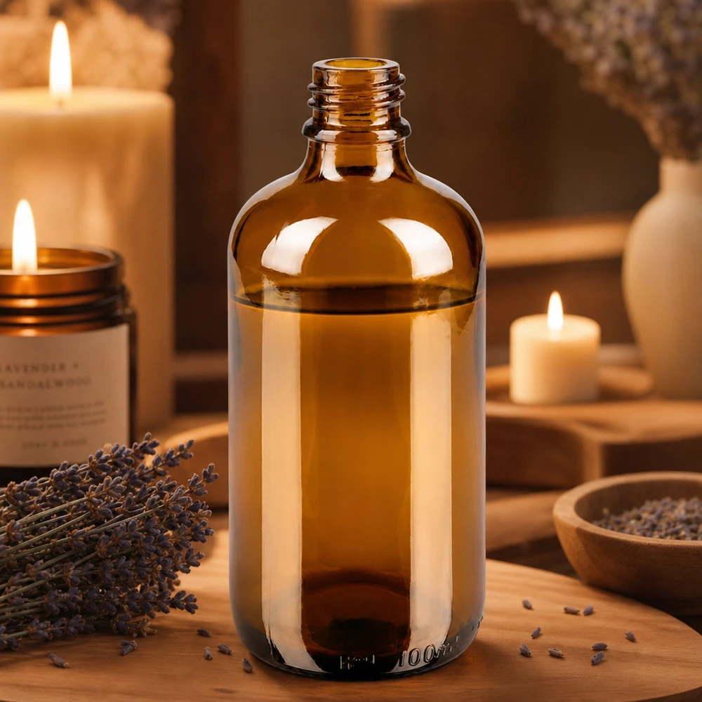 100ml bruine Apothekersfles ApoGlas Bruine apothekersfles van 100 ml ApoGlas met lavendelaroma en kaarsen in een warme sfeer op hout