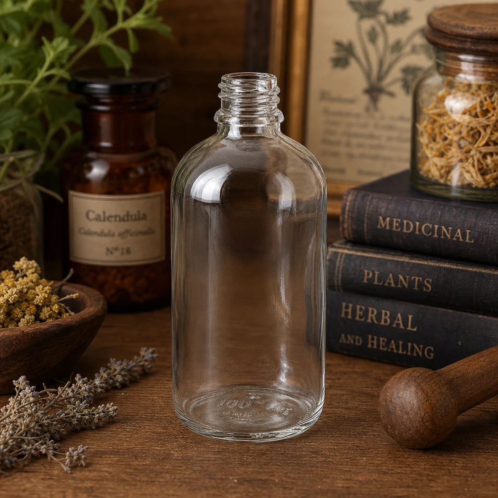 100ml apothekersfles ClearLine DIN18 UNiTWIST Doorzichtige glazen fles van 100 ml van het merk ClearLine op een houten tafel tussen gedroogde kruiden en boeken over geneeskrachtige planten