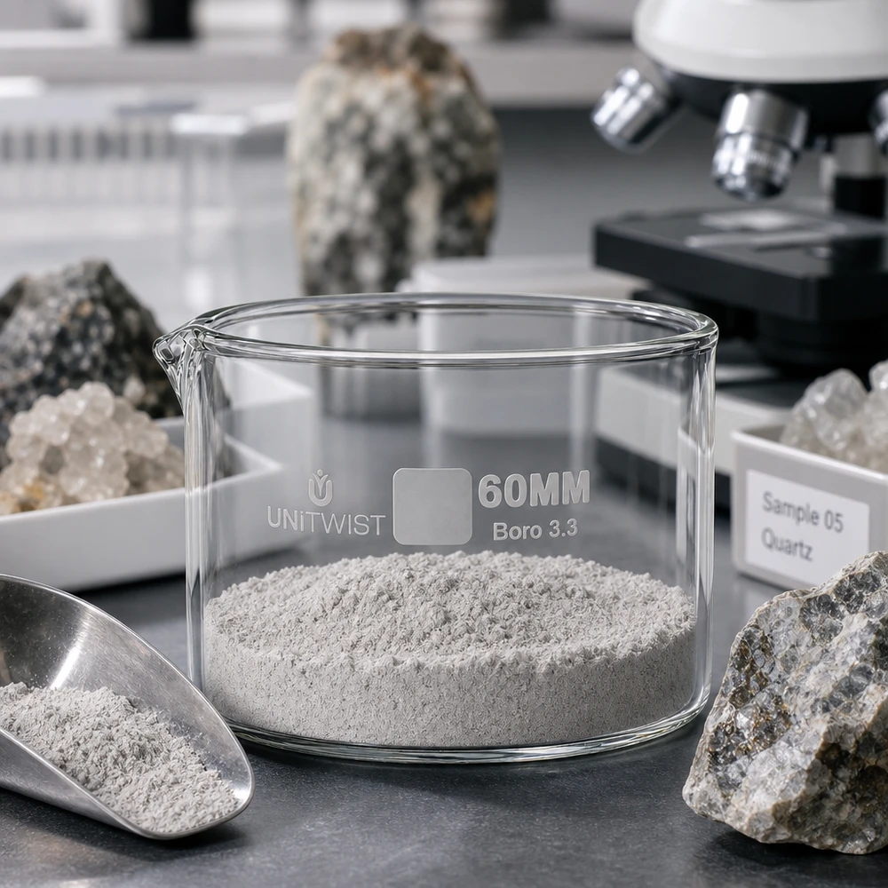 Kristalliseer schaal ø60mm borosilicaatglas UNiTWIST Vlakke laboratoriumschaal van borosilicaatglas, 60 mm, met steenpoeder bij geologisch monsteronderzoek
