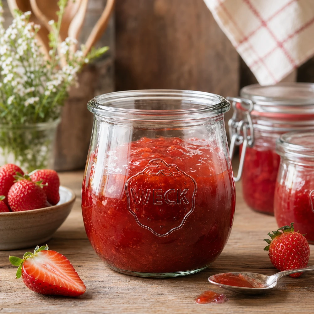 WECK tulpenpot 220ml RR60 gevuld met rode aardbeienjam op een rustieke houten tafel met verse aardbeien