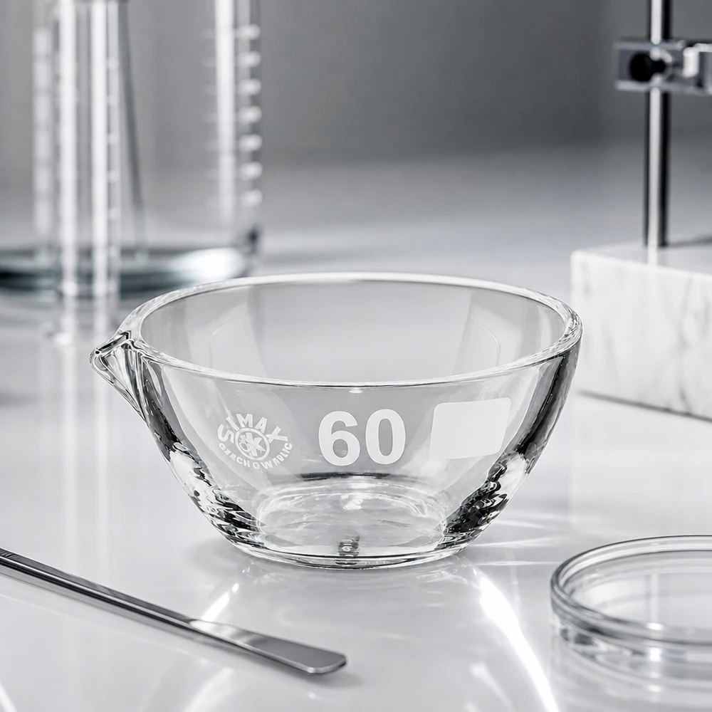 Indampschaal 45ml van borosilicaatglas met schenktuit Ergonomische 45ml borosilicaat dampschaal ø60mm met schenktuit voor eenvoudig gebruik