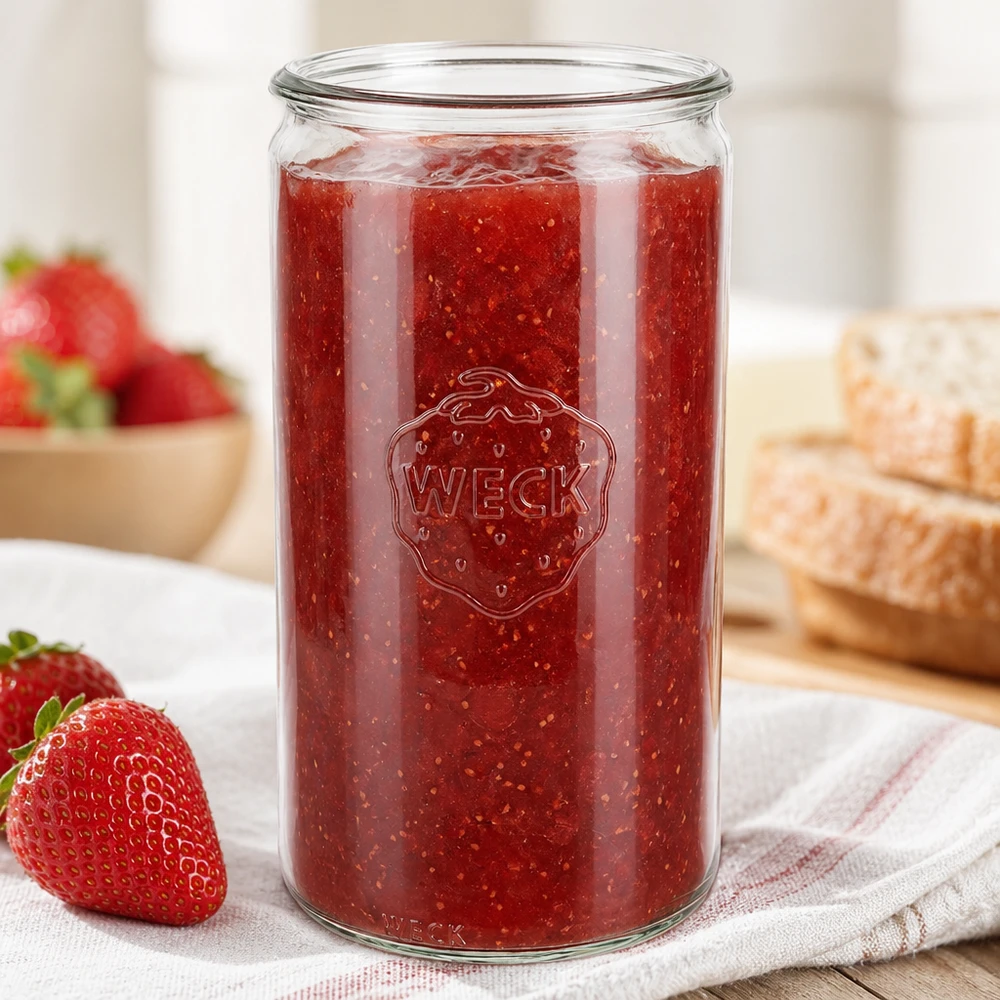 1590 ml cilindrische glazen pot WECK RR100 WECK Zylinderglas 1590ml RR100 gefüllt mit Erdbeermarmelade neben frischen Erdbeeren und Brot in heller Küche