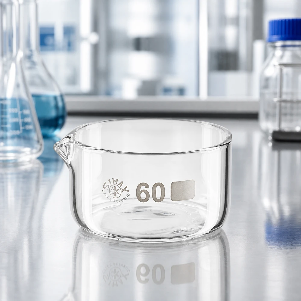 60 ml kom van borosilicaatglas, laboratorium, kristallisatie, schenktuit, brede opening, ø 60 mm, plat, transparant