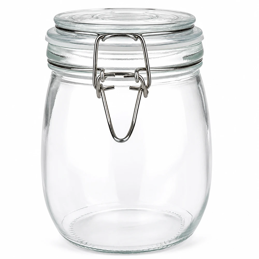 750 ml voorraadpot type S met scharnierende top UN. Inmaakpot van 750 ml met praktisch draaideksel voor het luchtdicht bewaren van voedsel