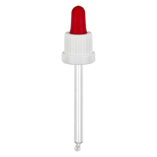 Glazen druppelpipet wit/rood 18 mm PL78 garantiesluiting VR Glazen druppelpipet wit/rood 18 mm PL78 garantiesluiting VR