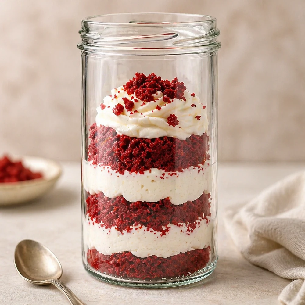 Rood fluwelen dessert in een 277 ml UNiTWIST tumblers met room en rode hagelslag gerangschikt in lagen