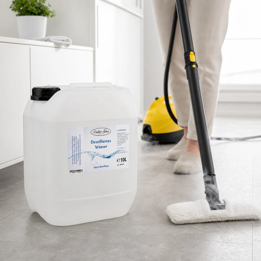 10 liter gedestilleerd water - Aqua dest in blanke premium jerrycan van Doktor Klaus Toepassing van stoomreiniger met 10 liter gedestilleerd water Doktor-Klaus voor optimale reinigingsprestaties