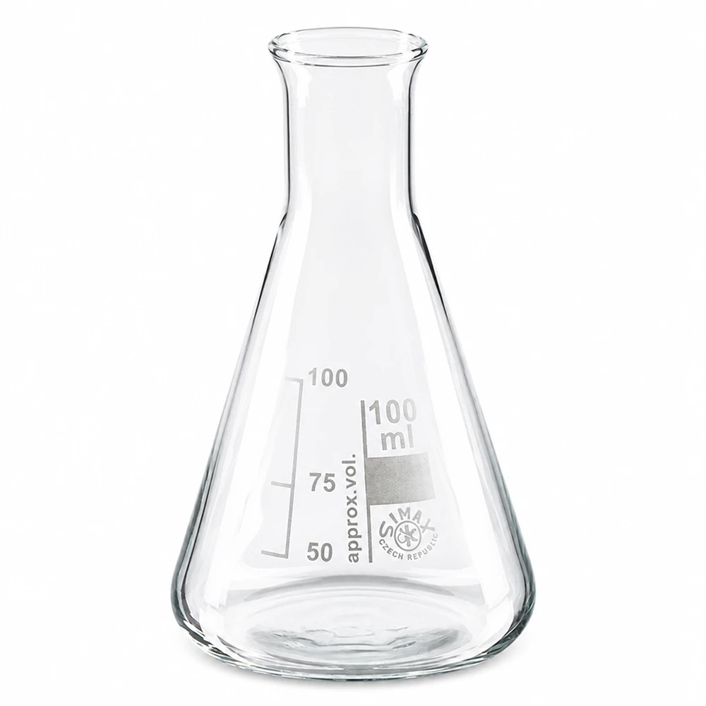 Erlenmeyer 100ml nauwe hals borosilicaat met afgeronde rand Kleine erlenmeyer van 100 ml met smalle hals