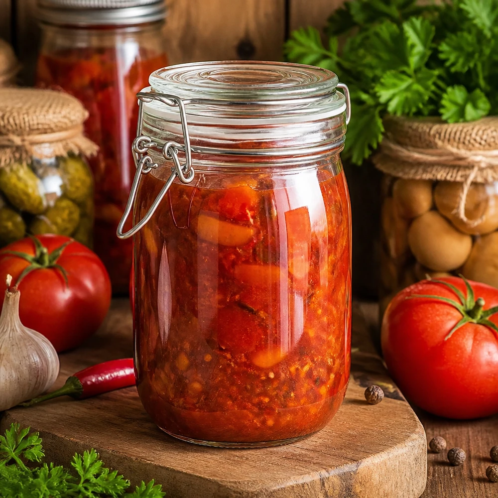 1000 ml voorraadpot type S met scharnierende top UN. 1000 ml zwenkbaar potje gevuld met zelfgemaakte tomatensaus en verse ingrediënten