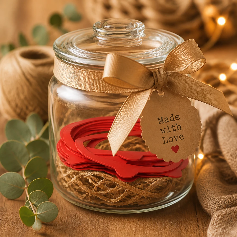 Inlegring van natuurrubber RR120 RR120 natuurrubber inmaakringen als cadeau in een decoratieve glazen pot met een gouden strik en Made with Love label