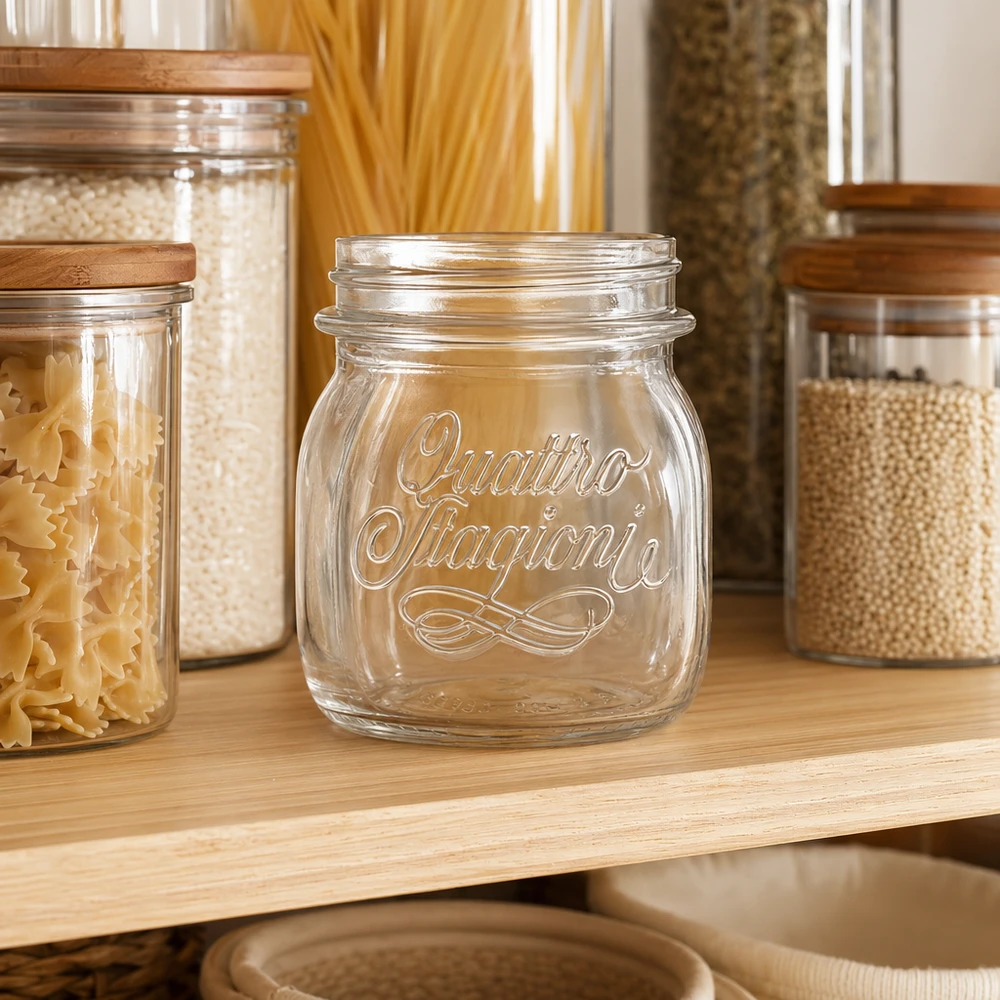 250ml huishoudglas "Quattro Stagioni" 250 ml Quattro Stagioni huishoudpot leeg op een houten plank tussen voorraadpotten gevuld met pasta en ontbijtgranen