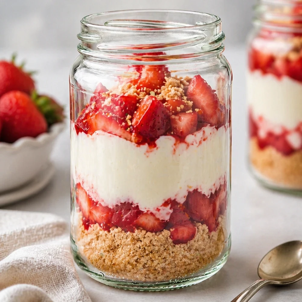 Ronde pot 305ml gevuld met aardbeien dessert toont UNiTWIST Runda305 TO63 inmaakpot voor gelaagde desserts en yoghurt