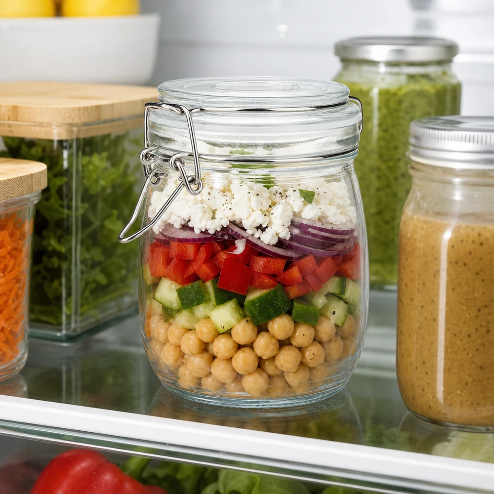 750 ml voorraadpot type S met scharnierende top UN. Zwenkbare pot van 750 ml met gelaagde salade van kikkererwten, paprika en feta in de koelkast
