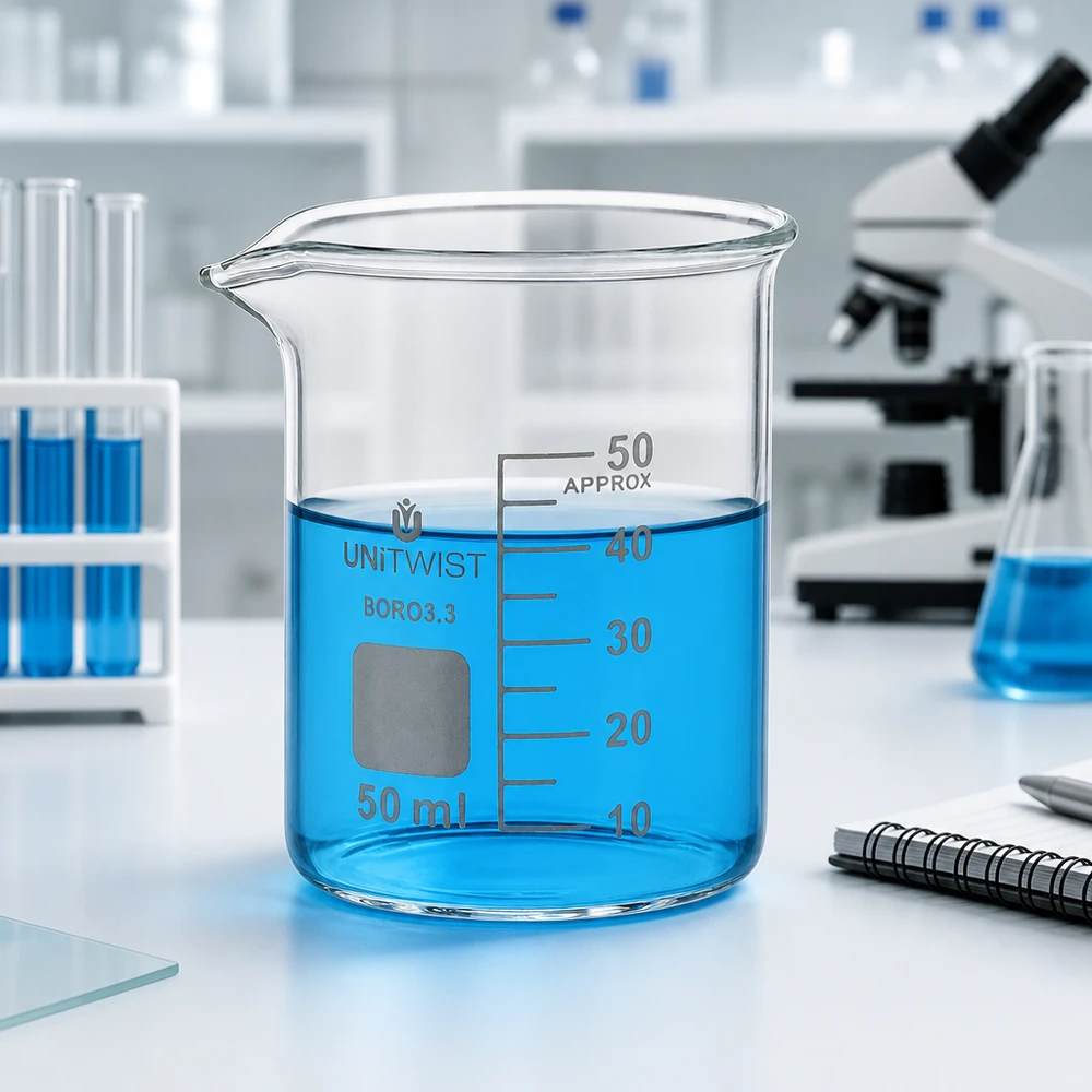 Chemielaboratorium bekerglas 50 ml UNiTWIST, laag model met gelijkmatige wanddikte en schaalverdeling