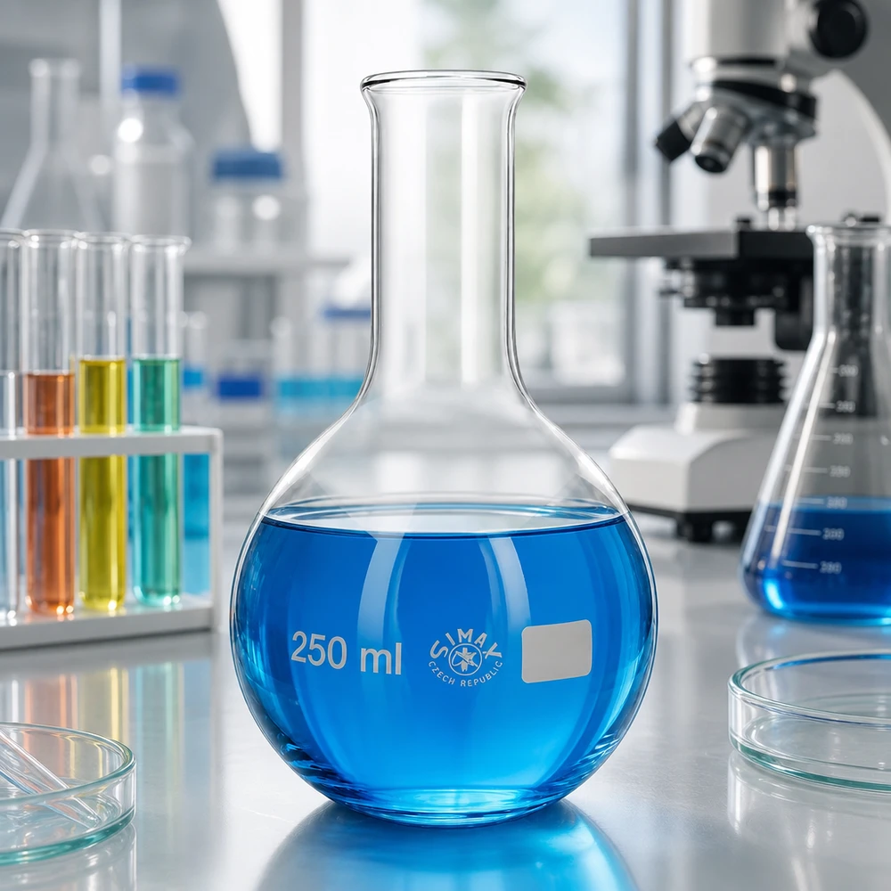 Platbodem kolf 250ml nauwe hals borosilicaat met afgeronde rand Rechtopstaande kolf van 250 ml, bolvormig met smalle hals voor veilige opslag van stoffen