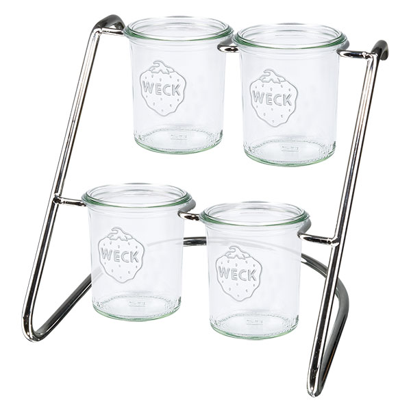 Modern serveerrek met 4 WECK-potten in een metalen frame - praktisch opbergen en stijlvol presenteren
