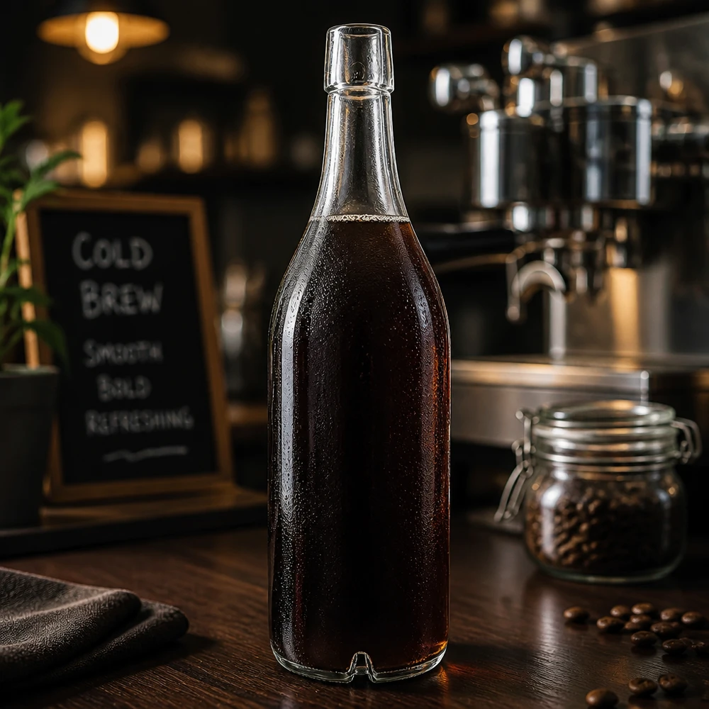 1000ml glazen fles UNiTWIST gevuld met Cold Brew Coffee koffiebonen koffiesfeer schroefdop donker