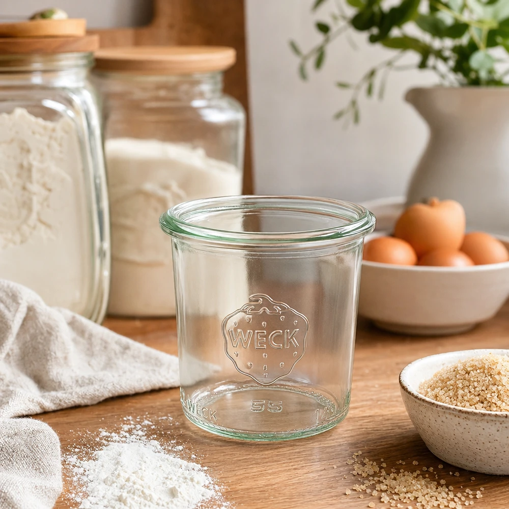 140ml stortglas WECK RR60 140ml WECK RR60 mason jar met logo op houten tafel in moderne keuken met voorraadpotten en ingrediënten