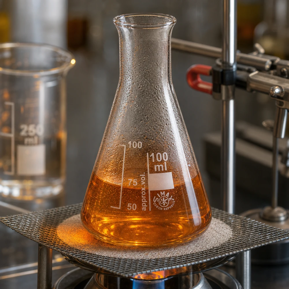 Erlenmeyer 100ml nauwe hals borosilicaat met afgeronde rand Erlenmeyer 100ml met smalle hals met amberkleurige vloeistof voor analytische chemie en synthese