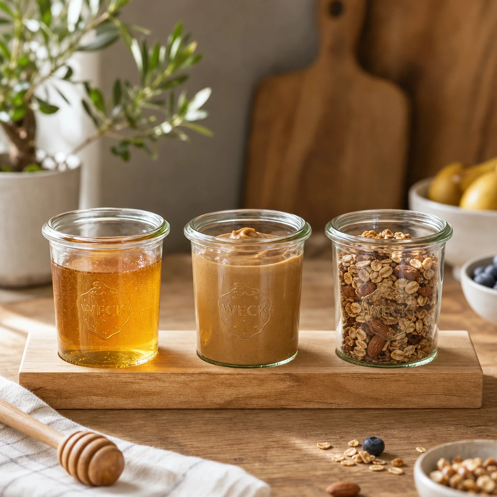 Serveerplank Plano3 met 3 Weck-glazen van 160 ml Houten serveerplank met Weck potten 160ml gevuld met honing notenboter en muesli in een moderne keuken