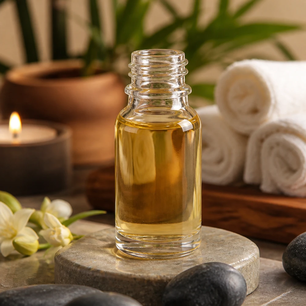 10ml apothekersfles ClearLine DIN18 UNiTWIST Glazen flesje van 10 ml met etherische olie in een spa-sfeer, met kaars en handdoekjes
