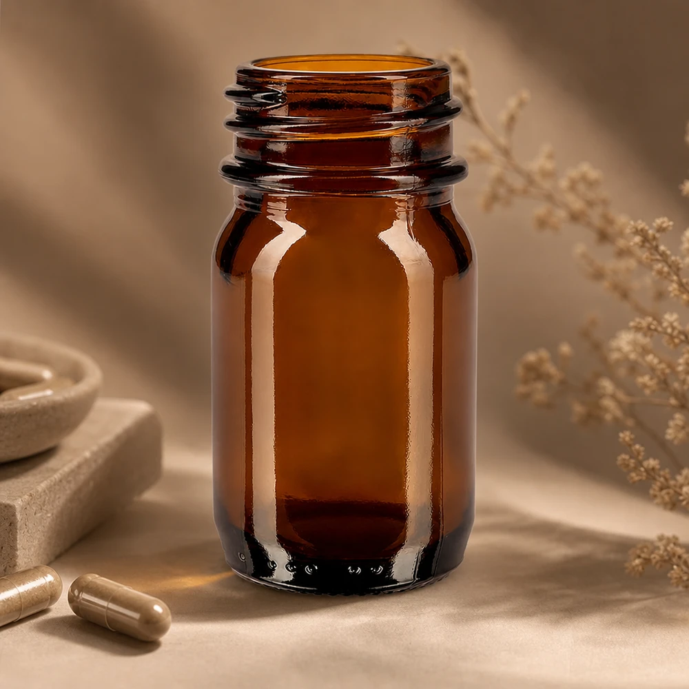 Fles met wijde hals 30 ml bruin glas met DIN 32 opening zonder sluiting 30 ml flesje met brede hals in amberkleurig glas met brede opening voor gemakkelijk vullen
