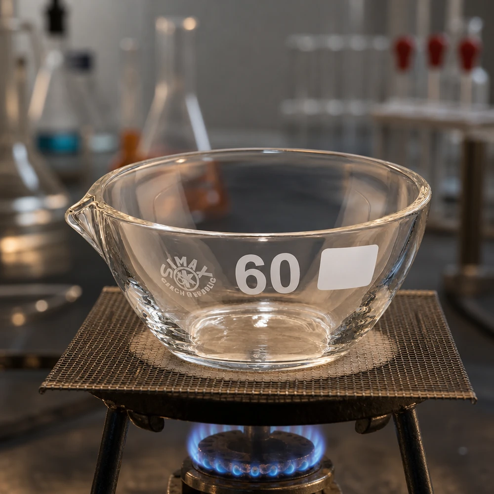 Indampschaal 45ml van borosilicaatglas met schenktuit Veelzijdig verdampingsschaaltje 45ml borosilicaat ø60mm met schenktuit voor verdamping en kristallisatie