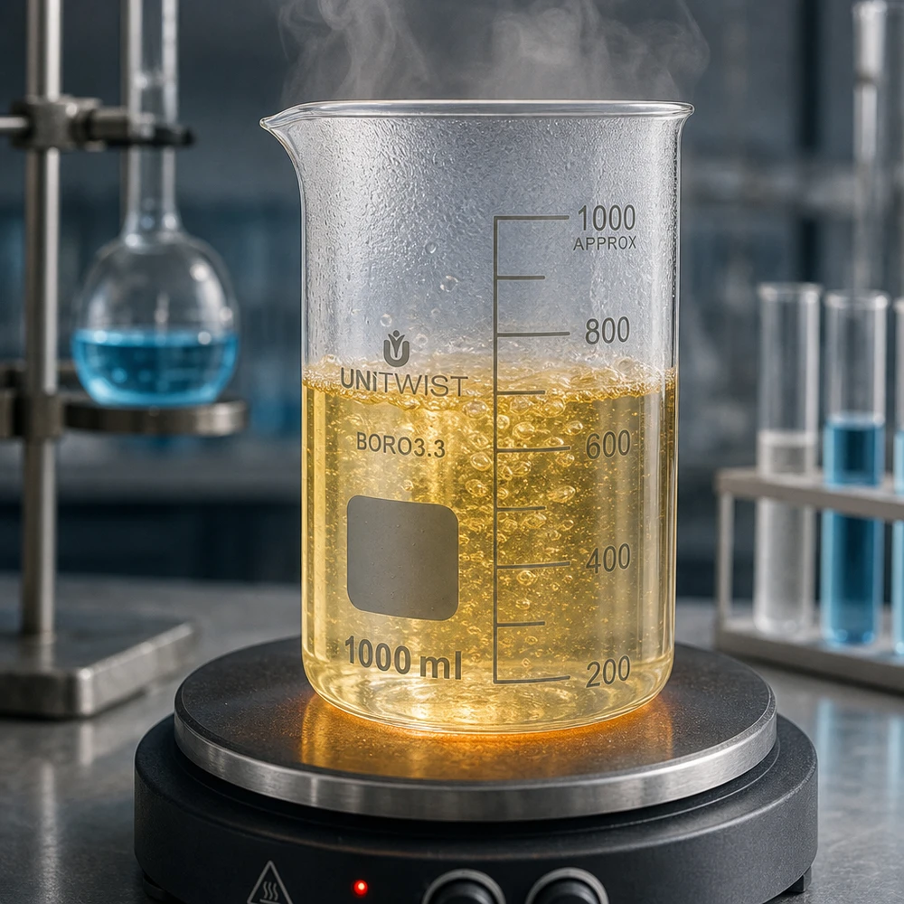 Beker 1000ml borosilicaat, hoge vorm UNITWIST Laboratoriumbeker van 1000 ml, hoog model, UNITWIST, borosilicaatglas, met schaalverdeling tot 1000 ml, op een elektrische verwarmingsplaat