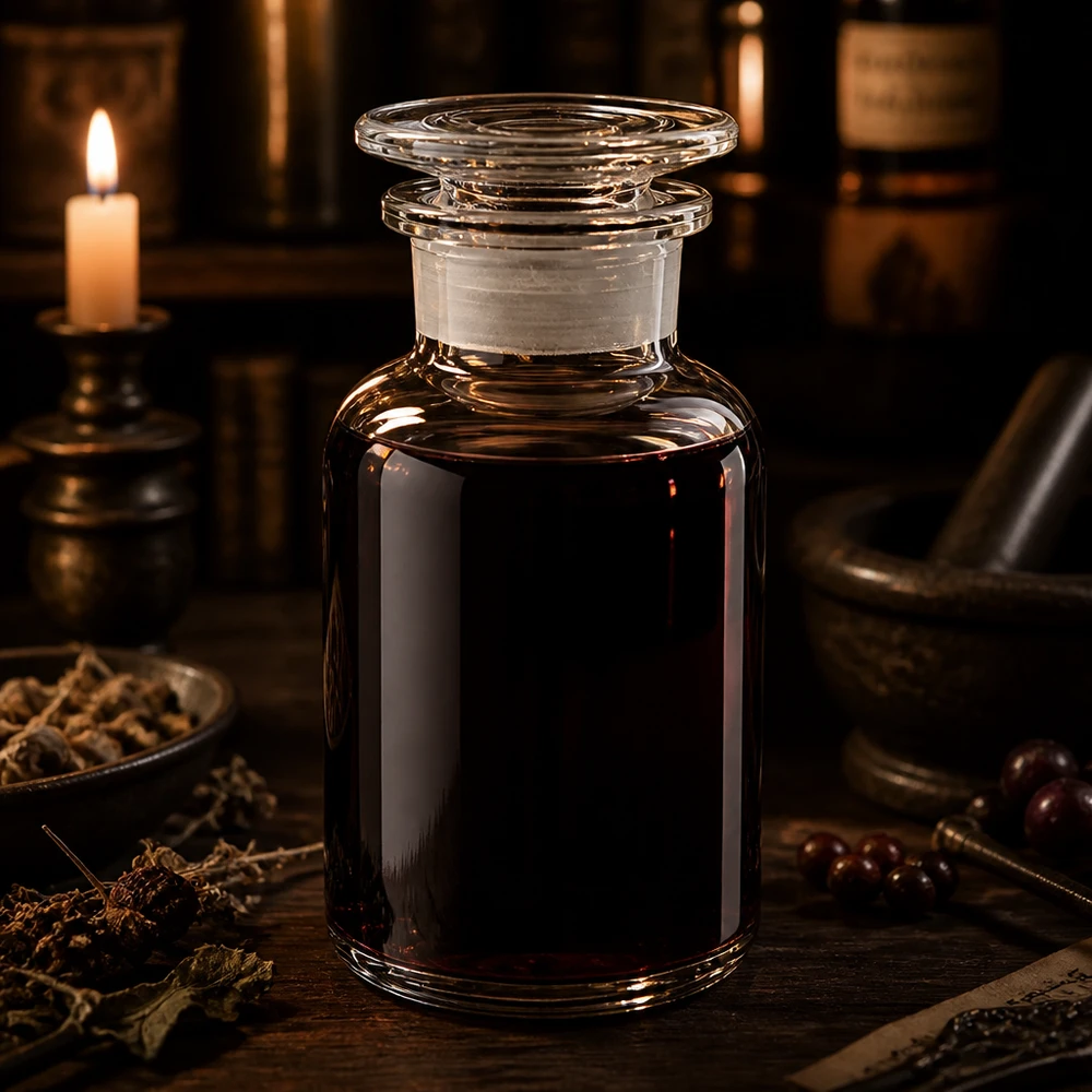 Apothekersfles 250 ml wijde hals helder glas incl. glazen stop Ronde glazen fles van 250 ml met een opgezette glazen stop en een donkerrode tinctuur van geneeskrachtige planten