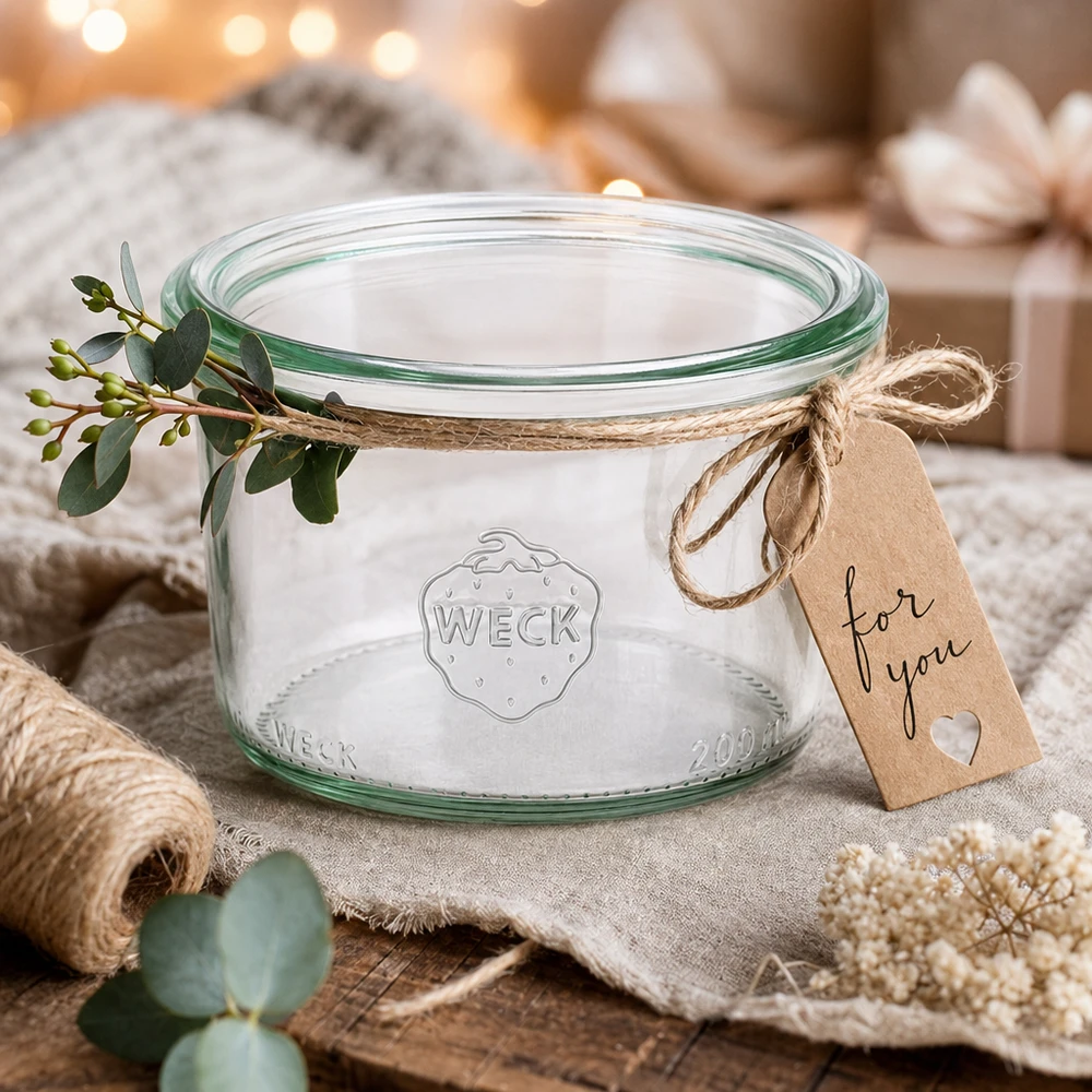 WECK bekers 200ml RR80 met deksel, gedecoreerd met eucalyptus en cadeaulabel op een rustieke houten tafel